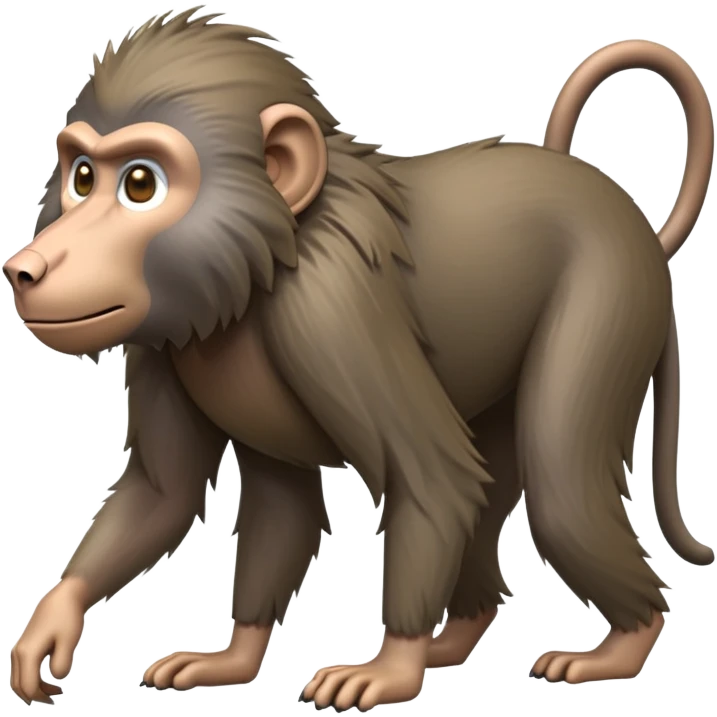 cinematic-hairy baboon-full-body-standing on all fours-emoji,-head-tilted-dramatically,-thick-grey-and-brown-fur,-simplified-yet-realistic-focused-features,-highly-detailed,-glowing-with-an-almost-sarcastic-glow expressive eyes emoji