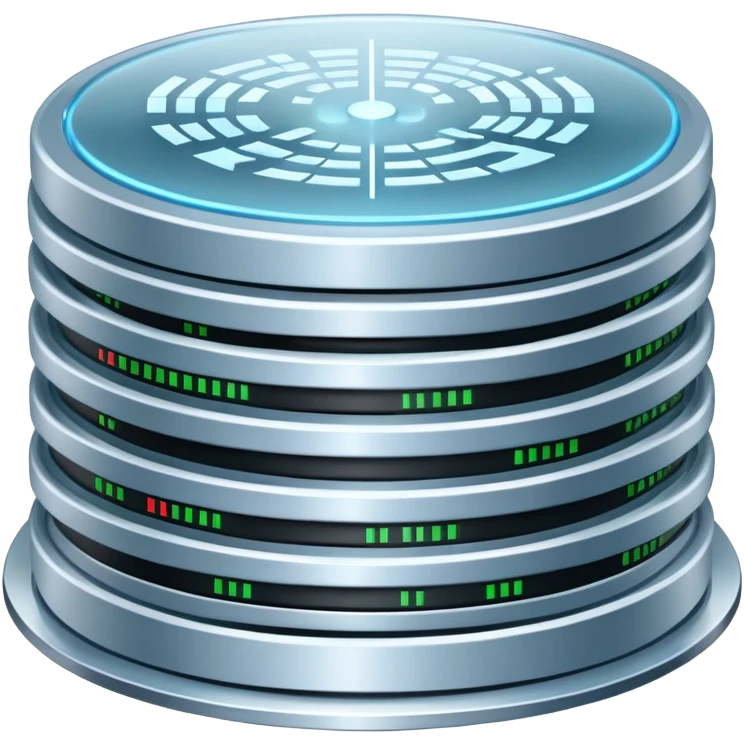 An icon featuring stacked server disks, a digital network grid, and binary code, symbolizing databases. The design includes data flow arrows, representing storage, organization, and retrieval of information. Transparent background highlights data-driven technologies. emoji