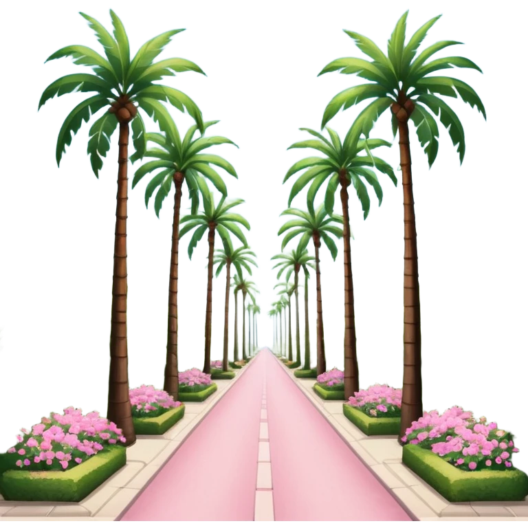 palm tree lined pedestrian pathway with tall green palm trees on both sides, pink flowering bushes, clear blue sky, bright sunny weather with symmetrical perspective view down the road emoji