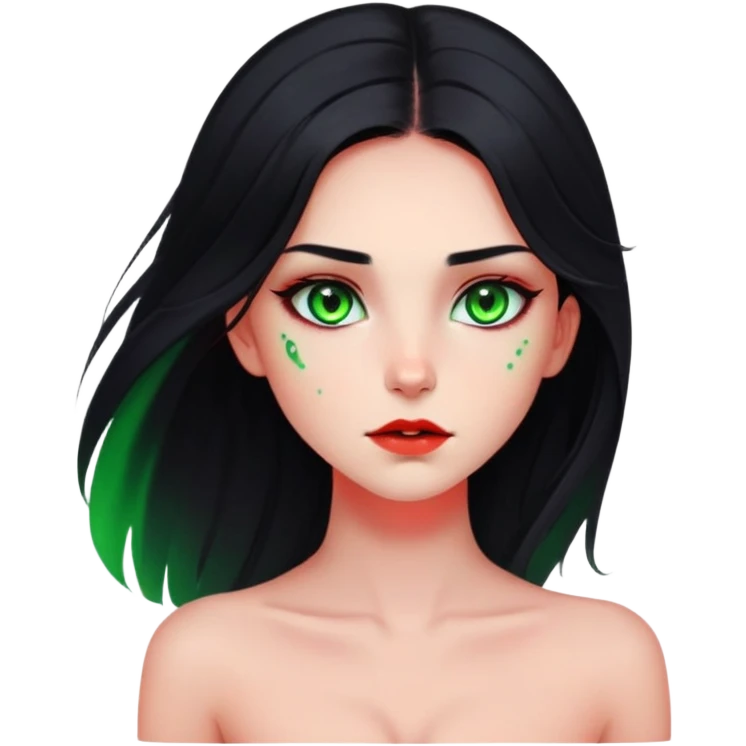 Girl with green eyes and black hair with red underlights and frontlights hair. Long hair. Black strapless crop top. Very elegant. Skinny face with birthmark under left cheek. emoji