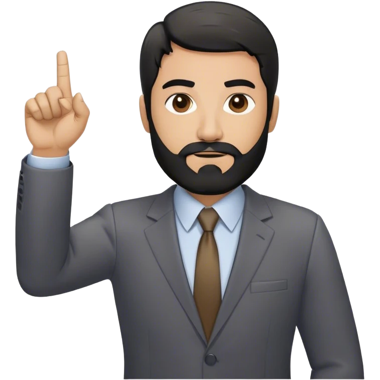 Emoji-style cartoon man, 50s, black beard with gray streaks, wearing a business suit. Raises right index finger upward (↑) to signal 'attention!' Simple design, bold lines, minimal details emoji