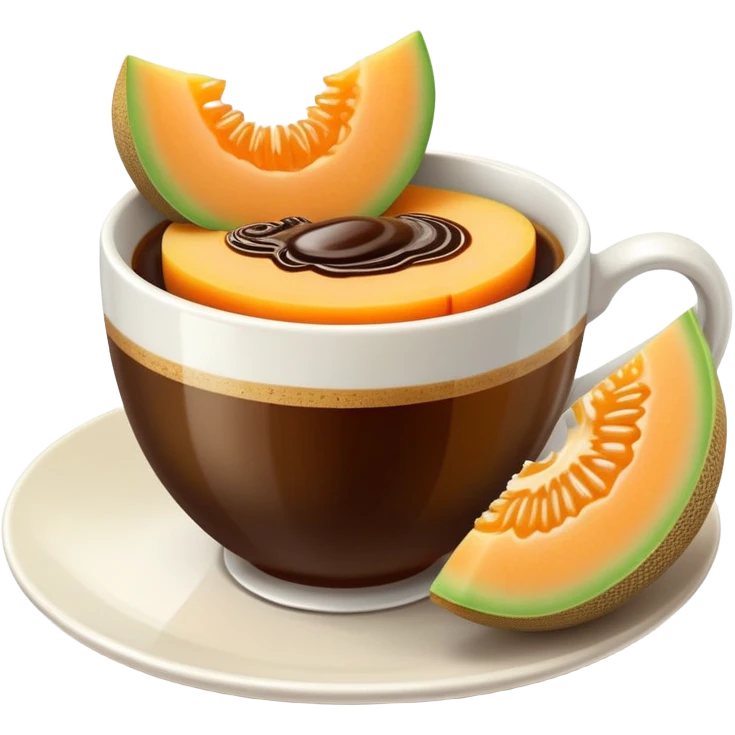 carajillo in a small espresso coffee cup with a slice of cantaloupe melon on the side emoji