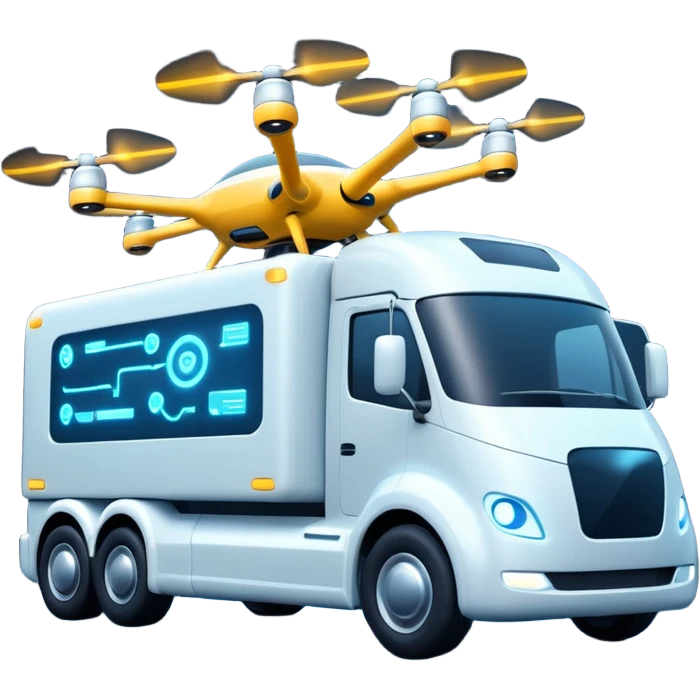 create a realistic emoji of a futuristic warehouse automation, autonomous trucks, smart drones, and glowing data networks — cinematic lighting, innovation atmosphere. emoji