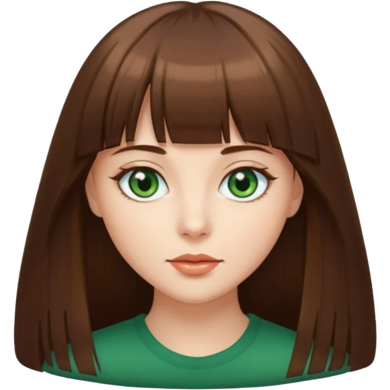 beautiful woman, straight long brown hair with bang, green eyes  emoji