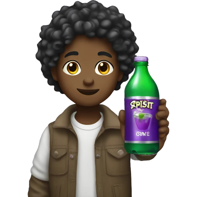 Black kid with wavy hair holding sprite bottle with purple drink in it emoji