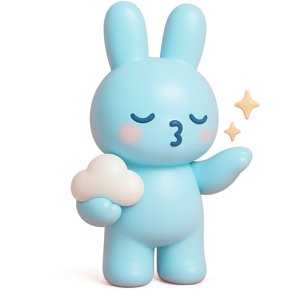 full-body pastel blue bunny with cloud, blowing a kiss with sparkles, vinyl figure style emoji