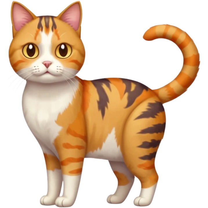 full body colourful calico tabby cat with skinny head and fat body with an anxious face emoji