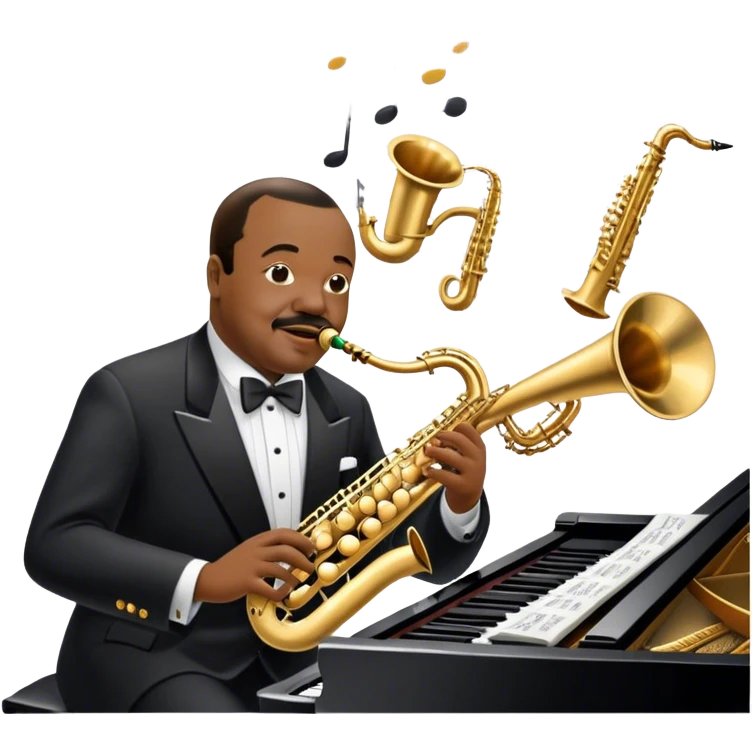Icon for Jazz Music: Count Basie Orchestra, with Count Basie at the piano surrounded by jazz musicians playing instruments like saxophones, trumpets, and drums. Floating musical notes should capture the energetic and smooth vibe of big band jazz. Transparent background. emoji