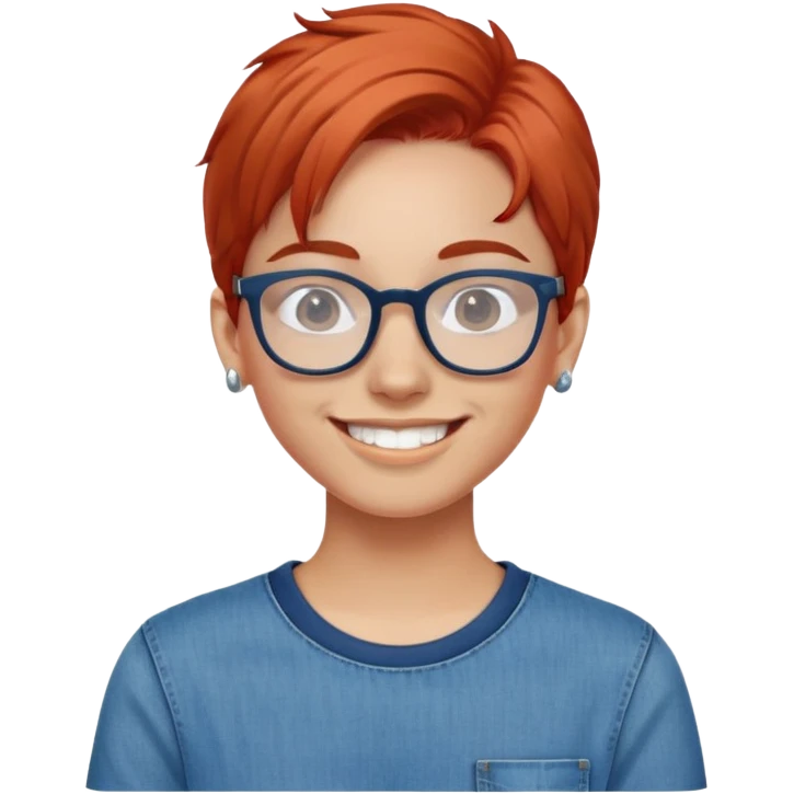 um jovem de cabelo ruivos.oculos,brinos e um sorriso maravilhoso a roupa deve ser em azul, calça jeans emoji