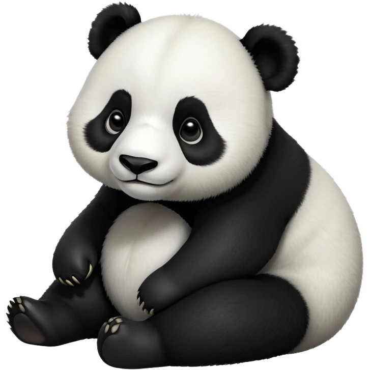 cinematic-[panda bear]-realistic-full-body-sitting-emoji,-tail-tucked-close,-head-tilted-dramatically,-thick-[black and white]-fur,-simplified-yet-realistic-focused-features,-highly-detailed,-glowing-with-an-almost-sarcastic-glow emoji