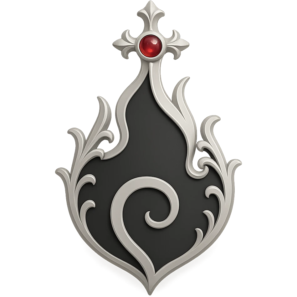 Create a black Naruto fire symbol with a 3D appearance, featuring silver metallic details, elegant ornaments, and a touch of red jewel. The style should be similar to the reference image provided, with a transparent background. emoji