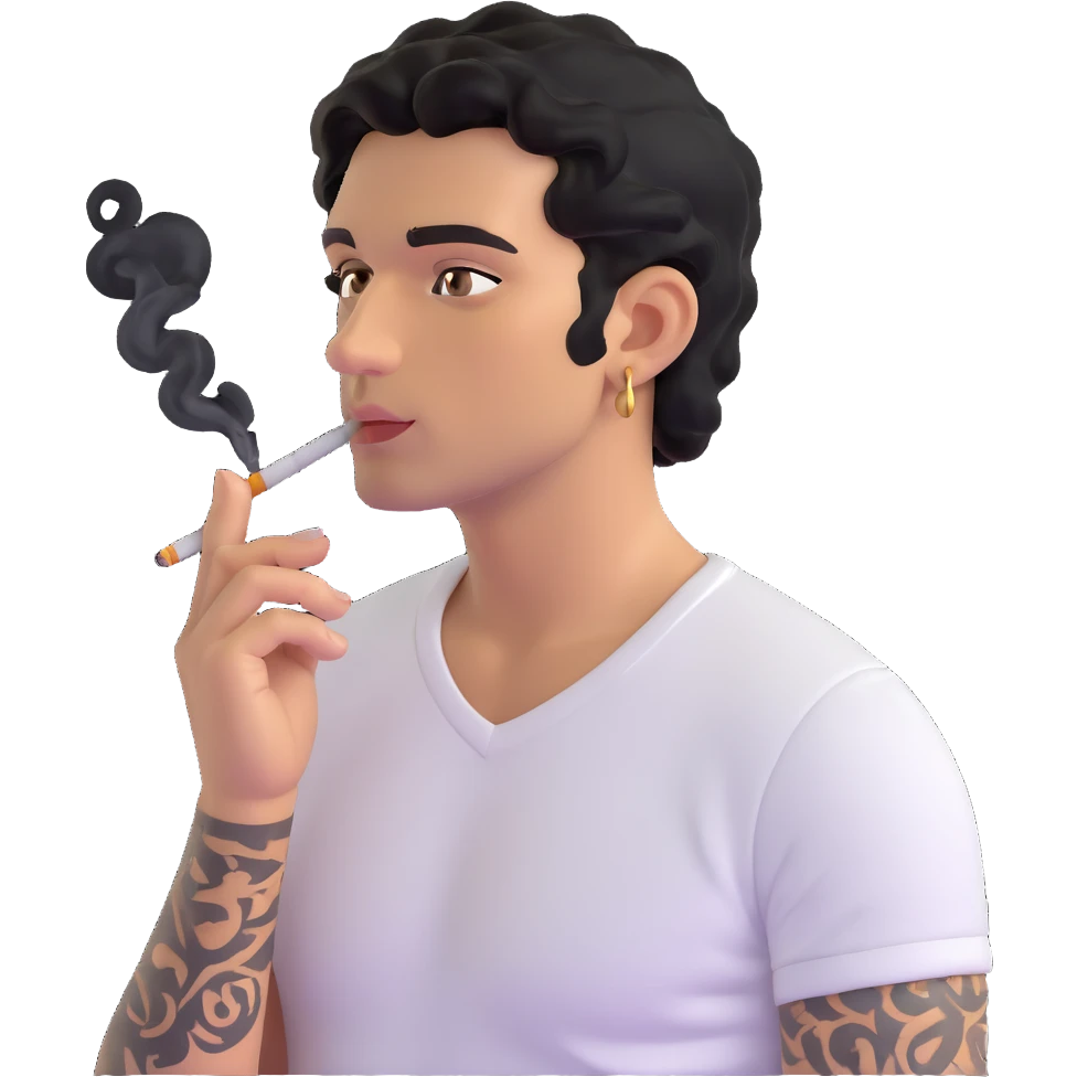 Italian man with tanned skin, curly black hair in short bob style, stubble, olive eyes, gold earring in left ear, white t-shirt, black tattoo on forearm, smoking cigarette emoji