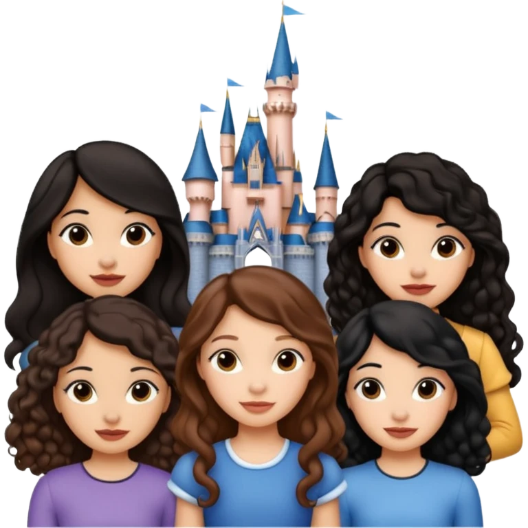 Quiero que crees una imagen donde este el castillo de Disney y por detrás o delante pon a 4 chicas: una con el pelo largo rizado marrón , otra con el pelo muy corto negro, como un chico, otra con el pelo mediano liso marrón y otra con el pelo negro largo liso  emoji