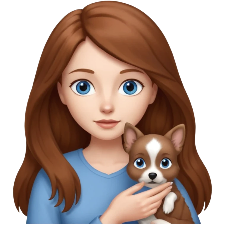 long hair chestnut color blue eyes woman holding small grey dog emoji