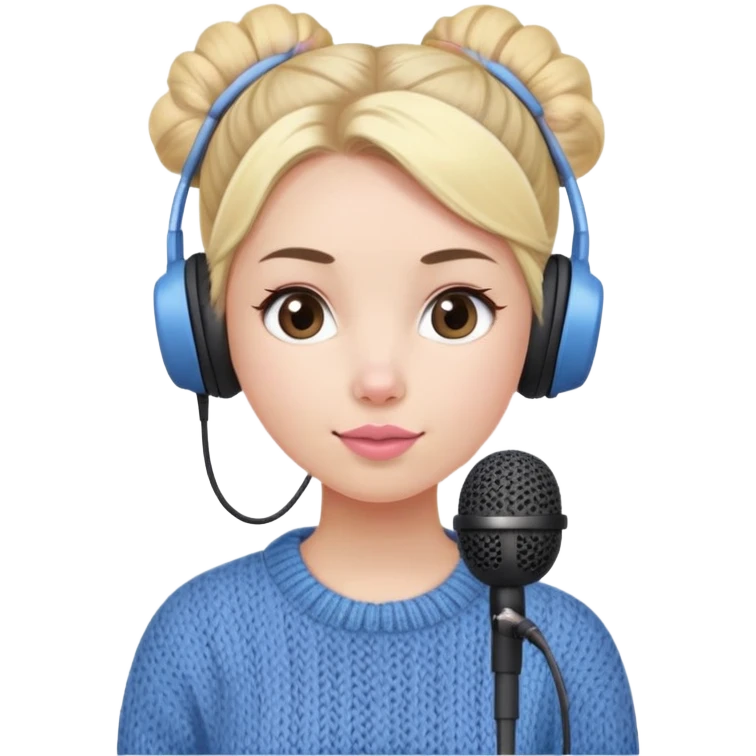 a cute face girl have bright white skin
and natural small pink-peach lips with blue knitwear with a blonde one hair bun and she is a podcaster in her school. with recording microphone
in front of her not held and a
headphone in her head emoji