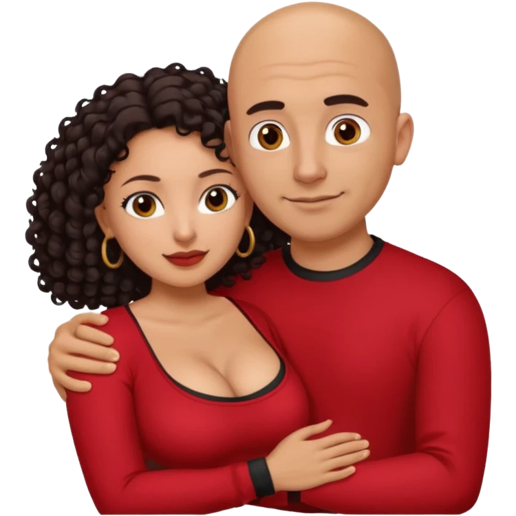 A picture of a tanned couple embracing. the guy is Mexican, with a bald hair cut and he is wearing a red shirt. the girl is mixed, the girl is wearing a black shirt, the girl has curly longer dark brown hair and with big boobs  emoji