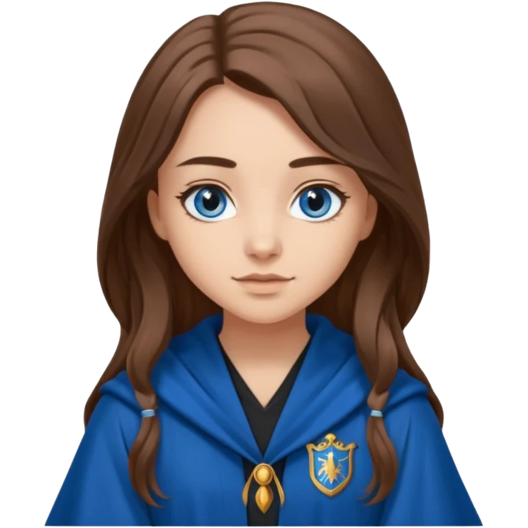 gorgeous Girl with light skin, blue eyes, long brown hair, wears ravenclaw black and blue robes  emoji