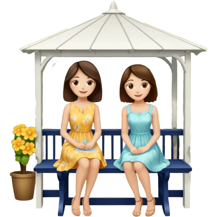 Two brunette women sitting on a white gazebo emoji