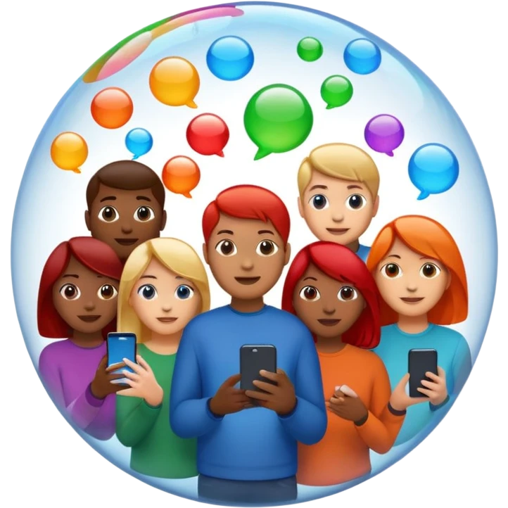 A group of people inside a separate colorful transparent bubble (blue, red, green, orange). They are each holding a smartphone or laptop. the bubbles are slightly overlapping, creating a modern and minimalist look. Realistic emoji style. emoji