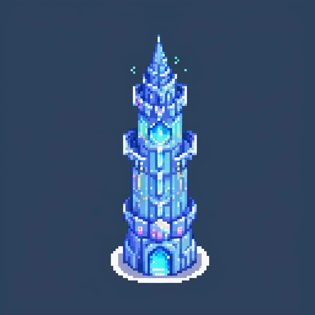 Magical ice tower home for a penguin wizard with glowing windows and magical aura emoji