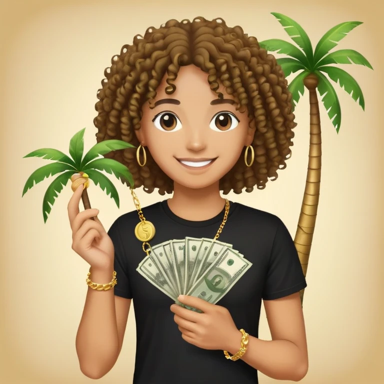 Happy mixed-race person with curly hair in black t-shirt and gold chain, holding money, palm tree beach background emoji