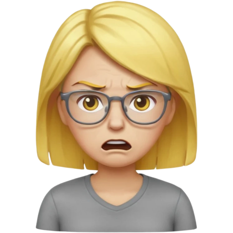 angry mom emoji with yellow hair, glasses, gray shirt, and gray pants, expressive face emoji
