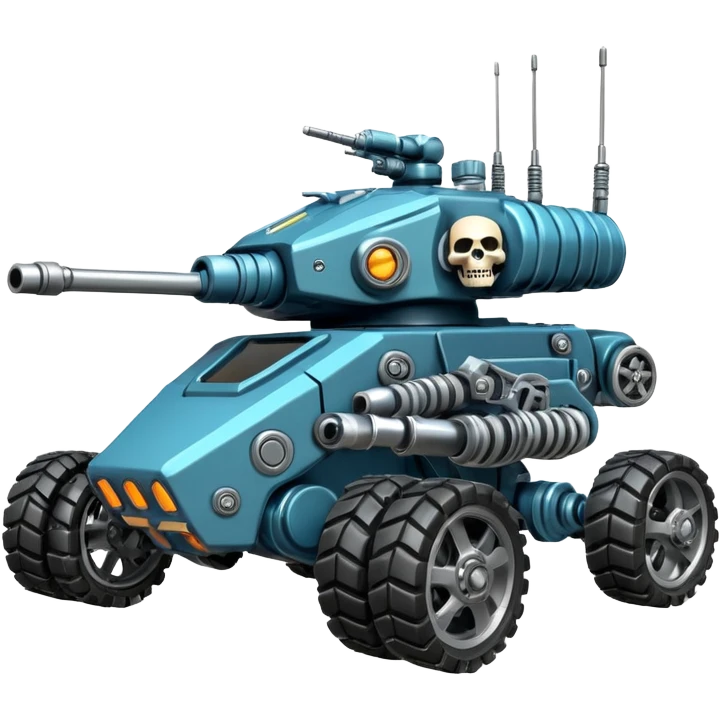 four-armed skull-headed tank mech motorcycle with four mechanical arms with guns, skull head with cables, tank tread lower body, aggressive expression, shiny metal with minimal color accents, preserve all proportions, pose, and details emoji