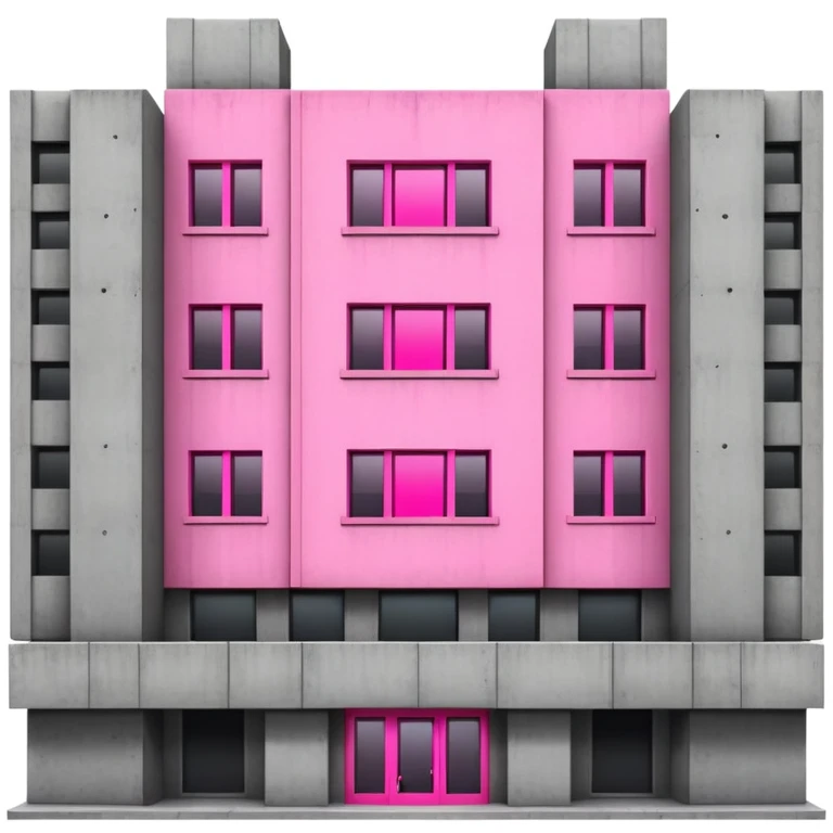 Wide brutalist concrete building with a central bright pink window surrounded by multiple regular windows emoji