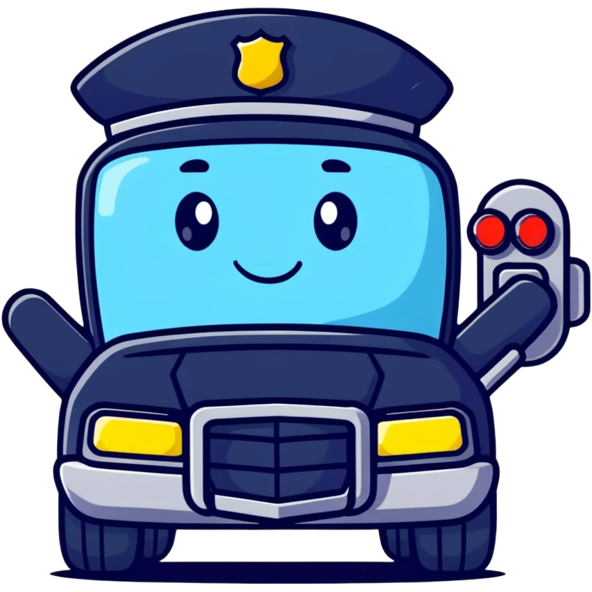 A cartoon police car character with a cute face, flashing lights and a small badge emoji