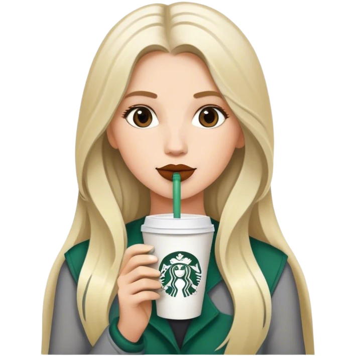 Long blonde grey highlighted model sipping one Starbucks coffee emoji