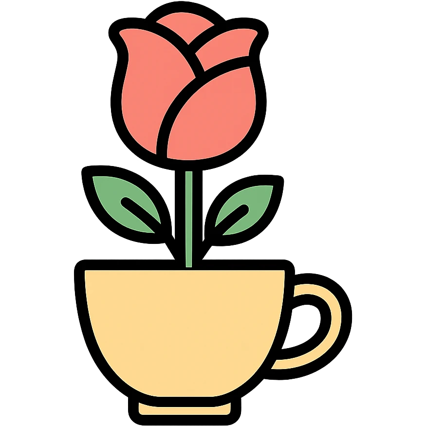 a rose blooming from a coffee cup, soft colors, logo design, no text emoji