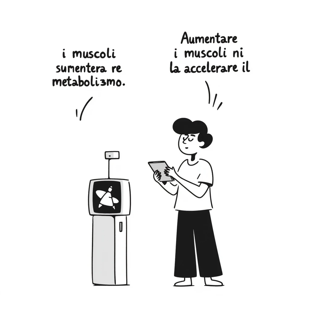 Uomo che guarda video di allenamento muscolare sul tablet, appare insicuro e poco motivato, testo in italiano: “Aumentare i muscoli per accelerare il metabolismo”. emoji