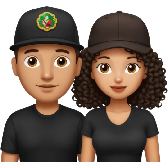 A picture of a cute tanned couple. the man is Mexican, with a bald hair cut wearing a SnapBack hat and a black shirt. the woman is mixed, she has curly longer dark brown hair, wearing no hat, and with big boobs  emoji