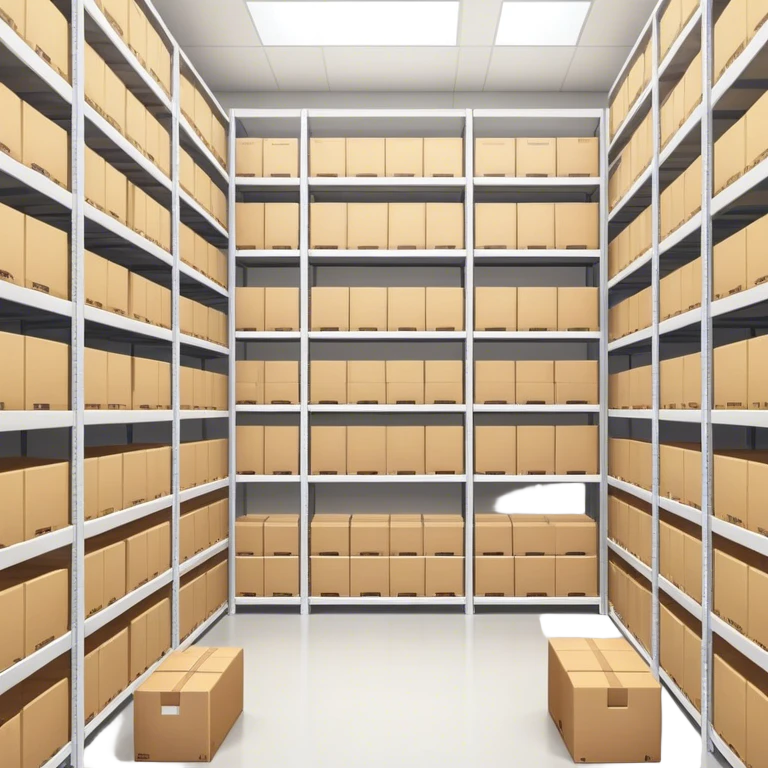 Un gran edificio con estanterías llenas de cajas bien organizadas. Representa un almacén eficiente y bien gestionado, donde los productos están listos para su distribución sin contratiempos. emoji