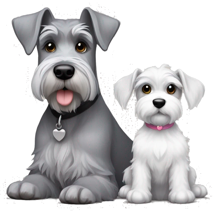 A big gray schnauzer with dark eyes next to a small all white puppy schnauzer emoji