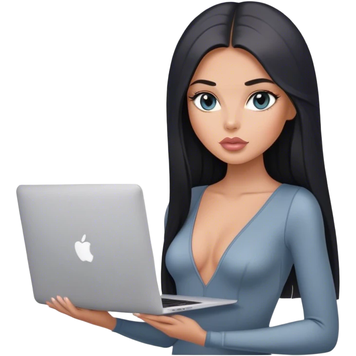 Glamours, tanned, very beautiful girl, with big pump peach-beige-rose lips, black straight smooth silky long hair, straight parting, blue-grey eyes, in grey bodysuit holding MacBook emoji
