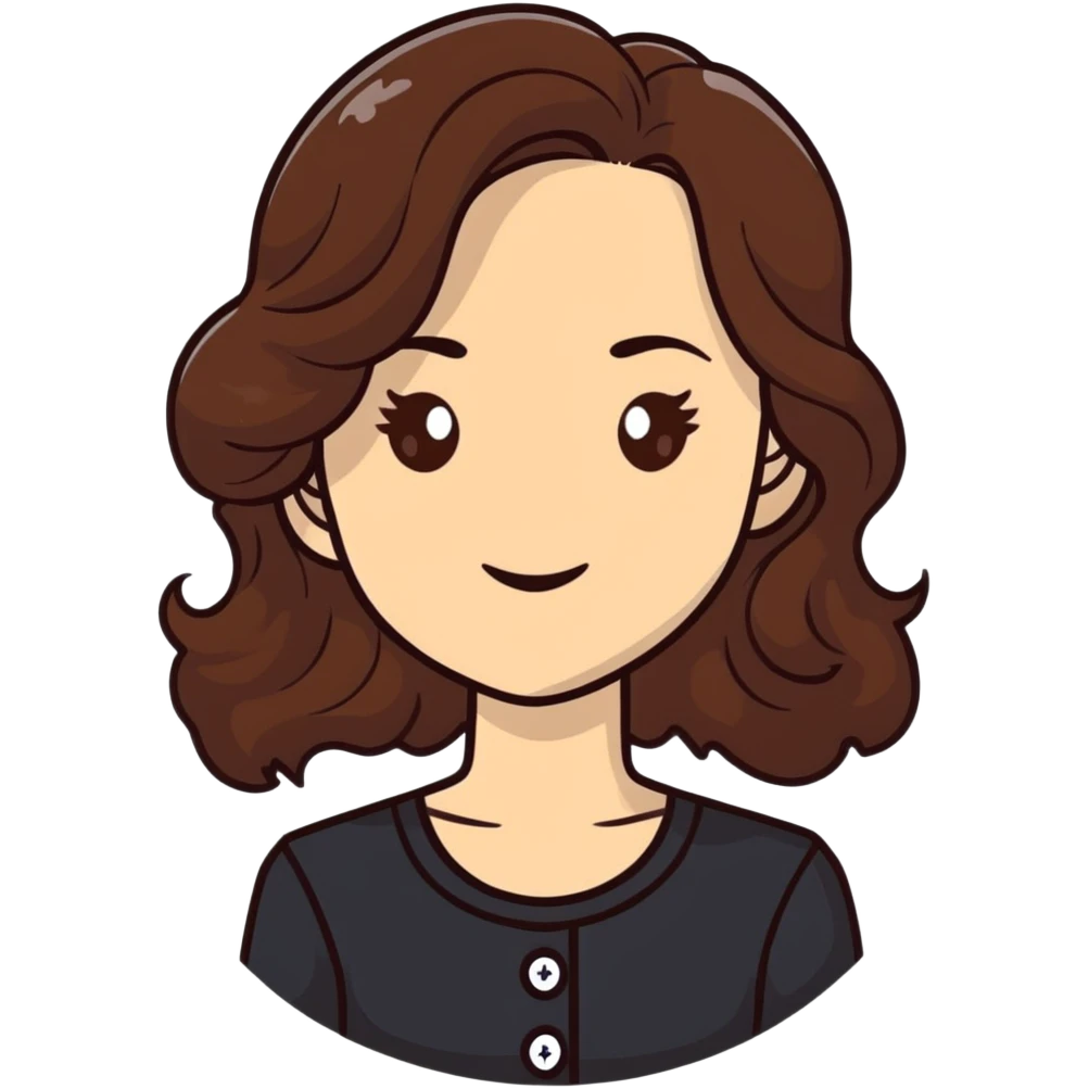 27 year old Caucasian woman with fair skin, brown eyes, long wavy dark brown hair, wearing a black top with a button emoji