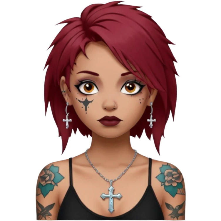 generate an ios genmoji of a girl with dark red messy hair with eyeliner on. septum piercing, wearing a cami black top, has tattoos, on shoulders. ear piercings. wearing a cross silver necklace emoji
