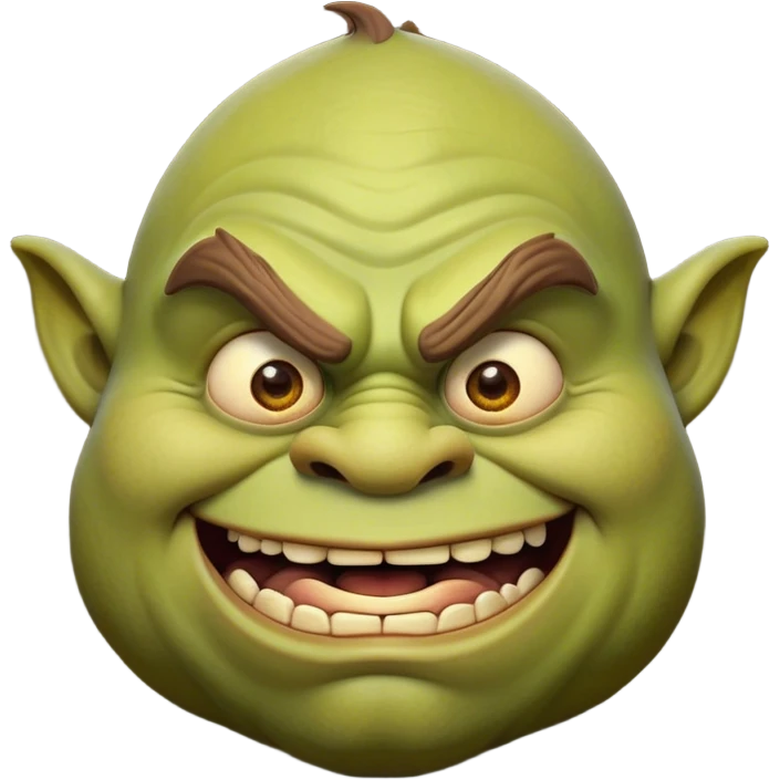 Cinematic Comical Ogre Portrait Emoji, with a strikingly exaggerated, bulky figure in vivid earthy greens and browns, head tilted in a dramatically surprised expression with wide, comically bulging eyes and a goofy, oversized grin, simplified yet hilariously exaggerated, highly detailed with a soft, cartoonish glowing outline capturing the playful absurdity of a meme-worthy ogre! emoji