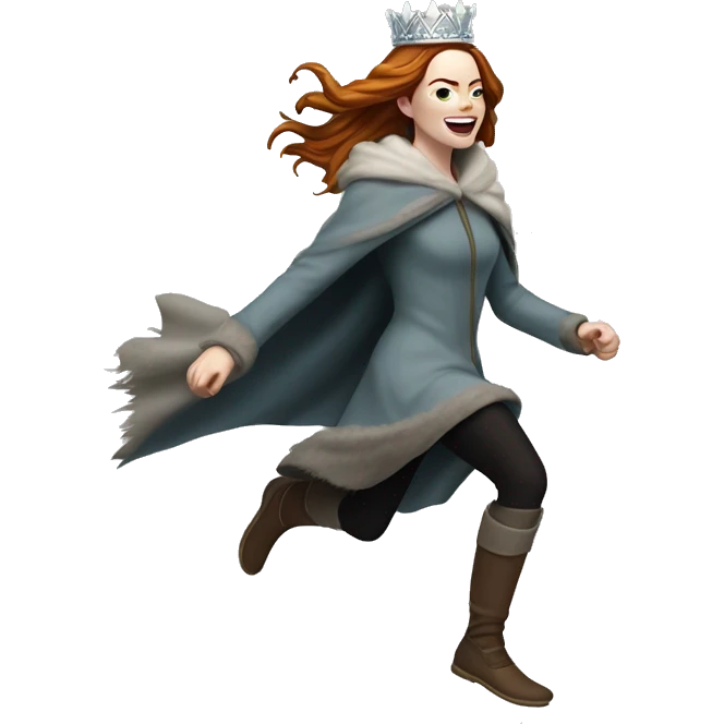 Emma Stone running, with a large stride and arms outstretched, wearing an icicle crown and winter cloak, long hair emoji