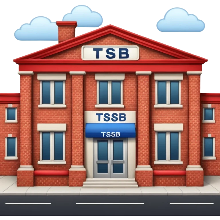 A bank with red building and labeled "TSB" on the building emoji