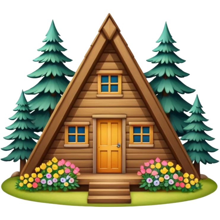 triangle small cabin in the woods, surrounded by pines, with flowers around emoji
