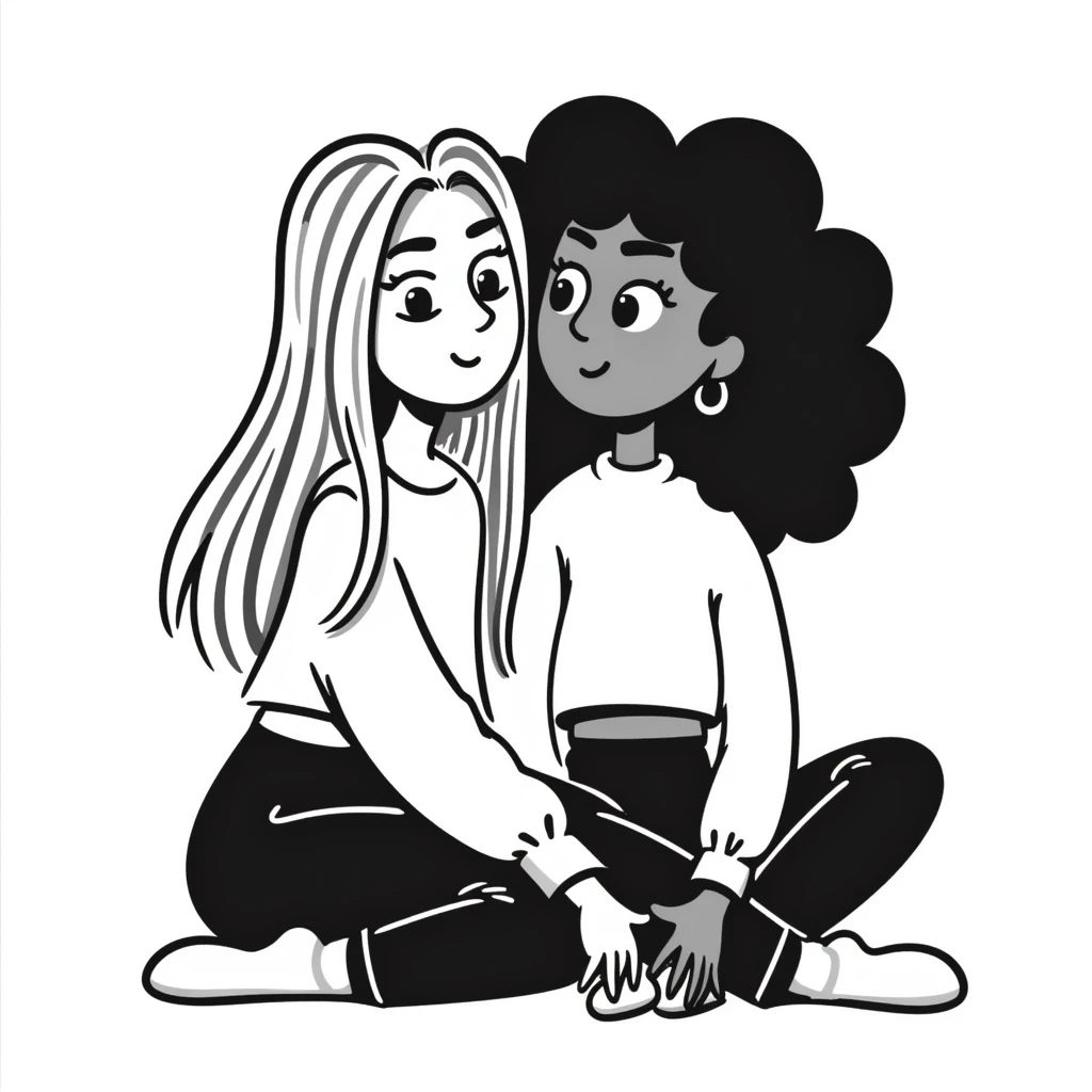 Full body of two teenage girls sitting together as friends, one white with straight blonde hair and one brown-skinned with curly black hair, both with heavy makeup, big lips, tight crop tops, hoop earrings, choni style urban clothing emoji