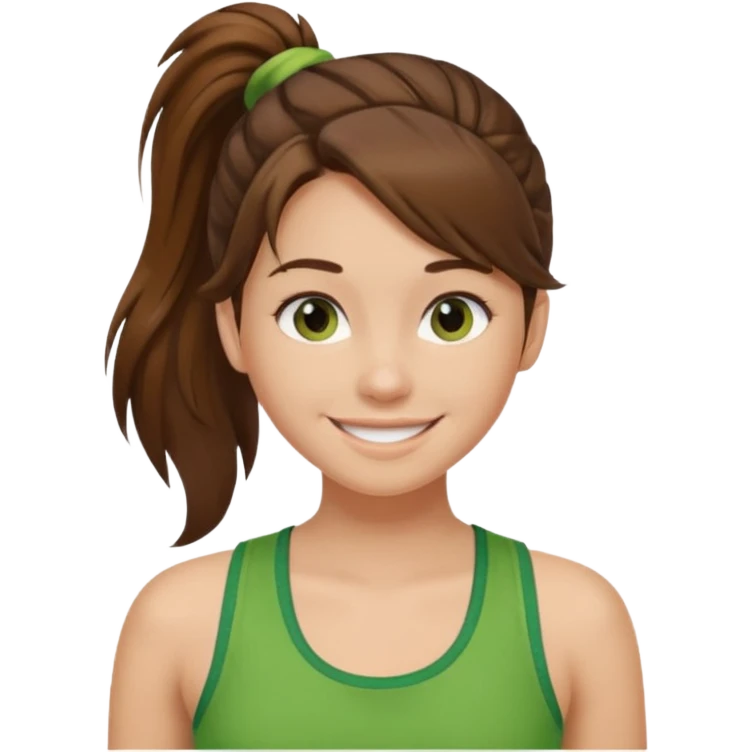 Девушка с одним хвостом, коричневые волосы и пряди у лица, в зеленой майке радуется, светлая кожа  emoji