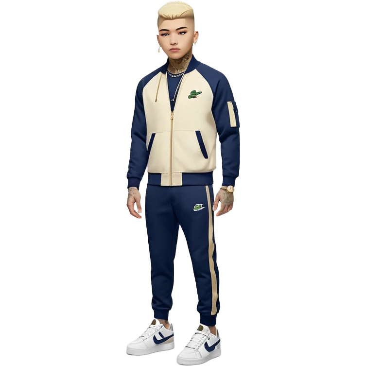 Capelli rasati ai lati con sfumatura, sopra corti e fissati con gel. Look curato e deciso. Indossa tuta firmata (Nike, Adidas, Lacoste, EA7) o jeans skinny, scarpe vistose come Air Force 1. Sempre presenti borsello a tracolla e collana d’oro E tatuaggi d’appertutto a mezzo busto emoji