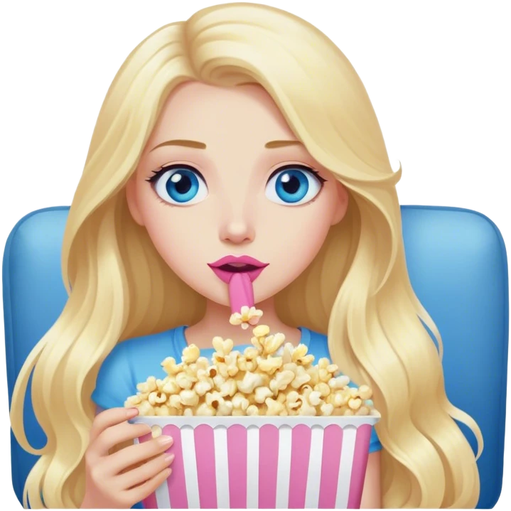Cinematic realistic blonde with long hair, blue eyes and pink lips, watching TV and eating popcorn emoji