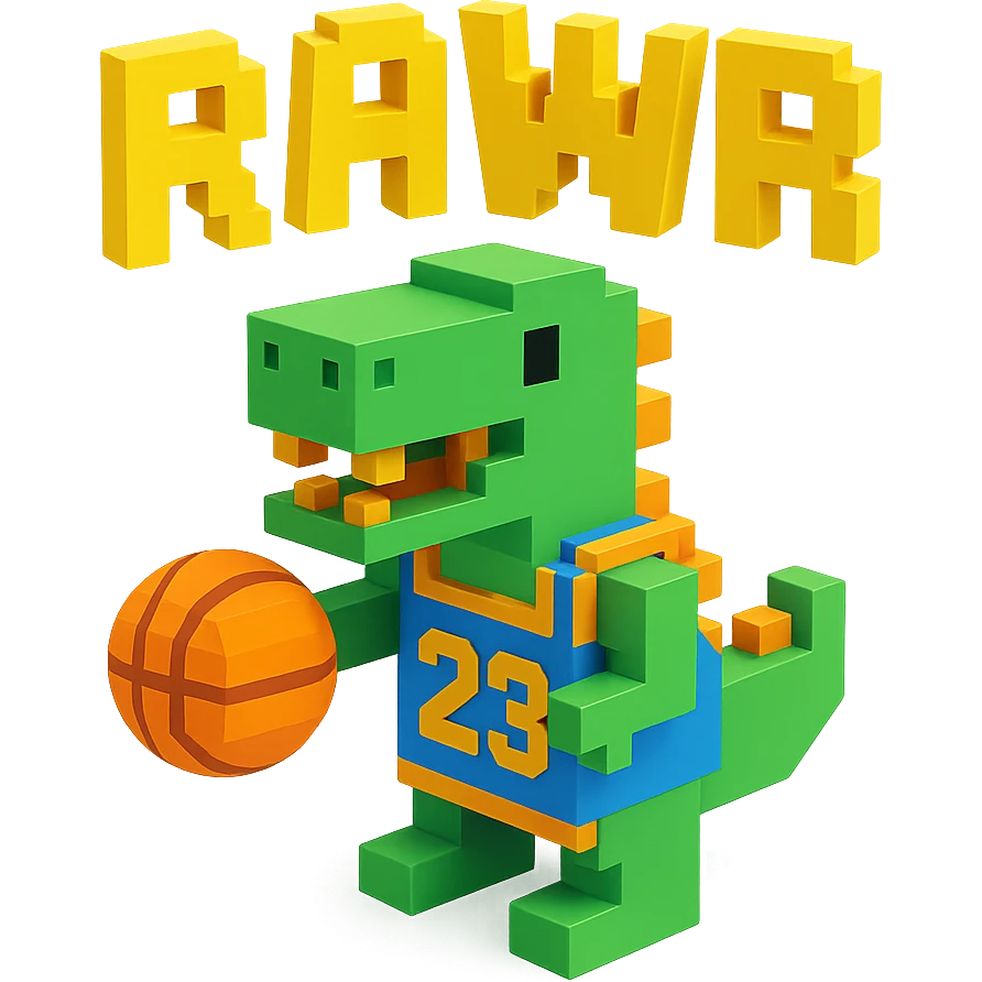 надпись "RAWR" и динозавр с баскетбольном мячом в майке с надписью "23", no background emoji