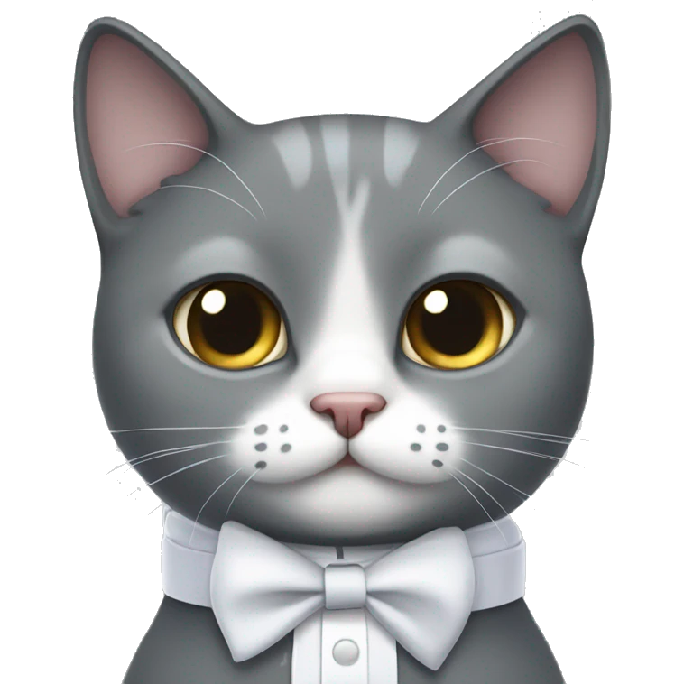 Grey cat wearing a white collar with bow emoji