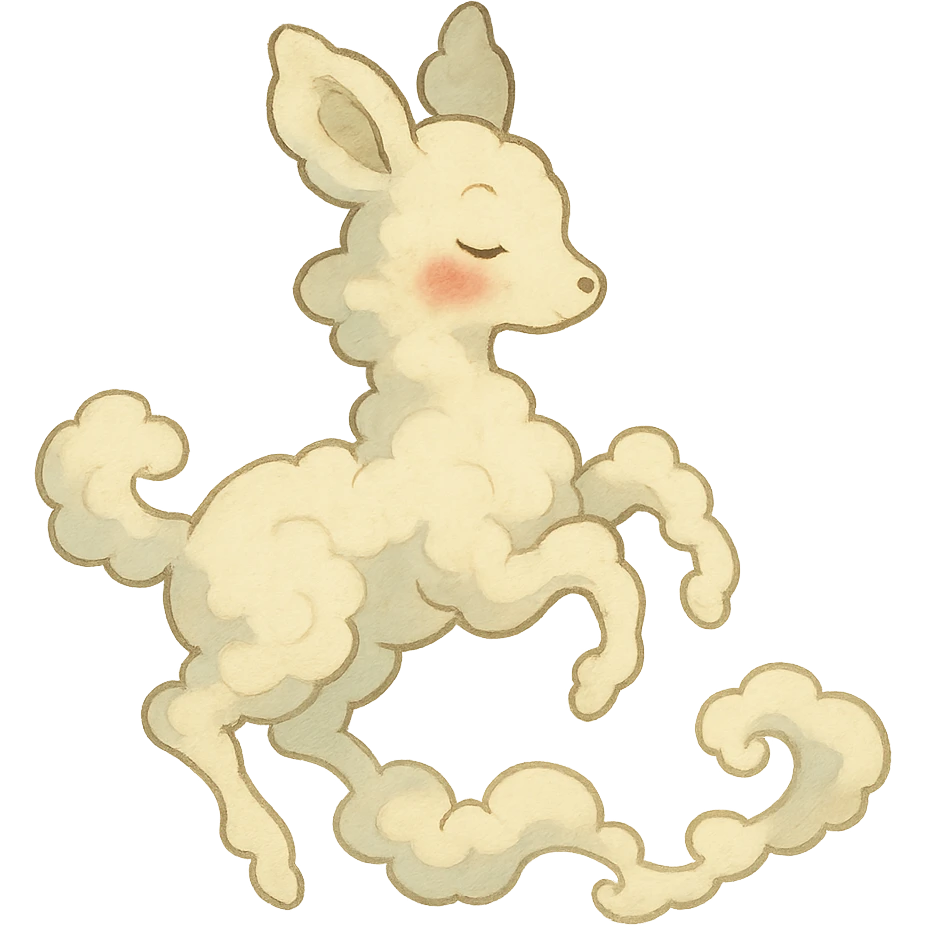 vanilla cloud doe with rosy cheeks, floating gracefully with witchy elegance, brand mascot for social media, Ghibli inspired emoji