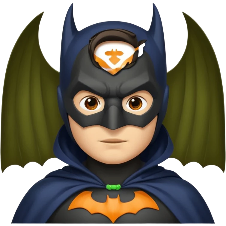 generate a batman emoji with just the face and neck showing and part of the cloak and and wings. Shade the bat logo on the chest in a bright  olive green. Shade the mask in dark navy blue.  Shade the cloak in a solid vibrant orange.  emoji